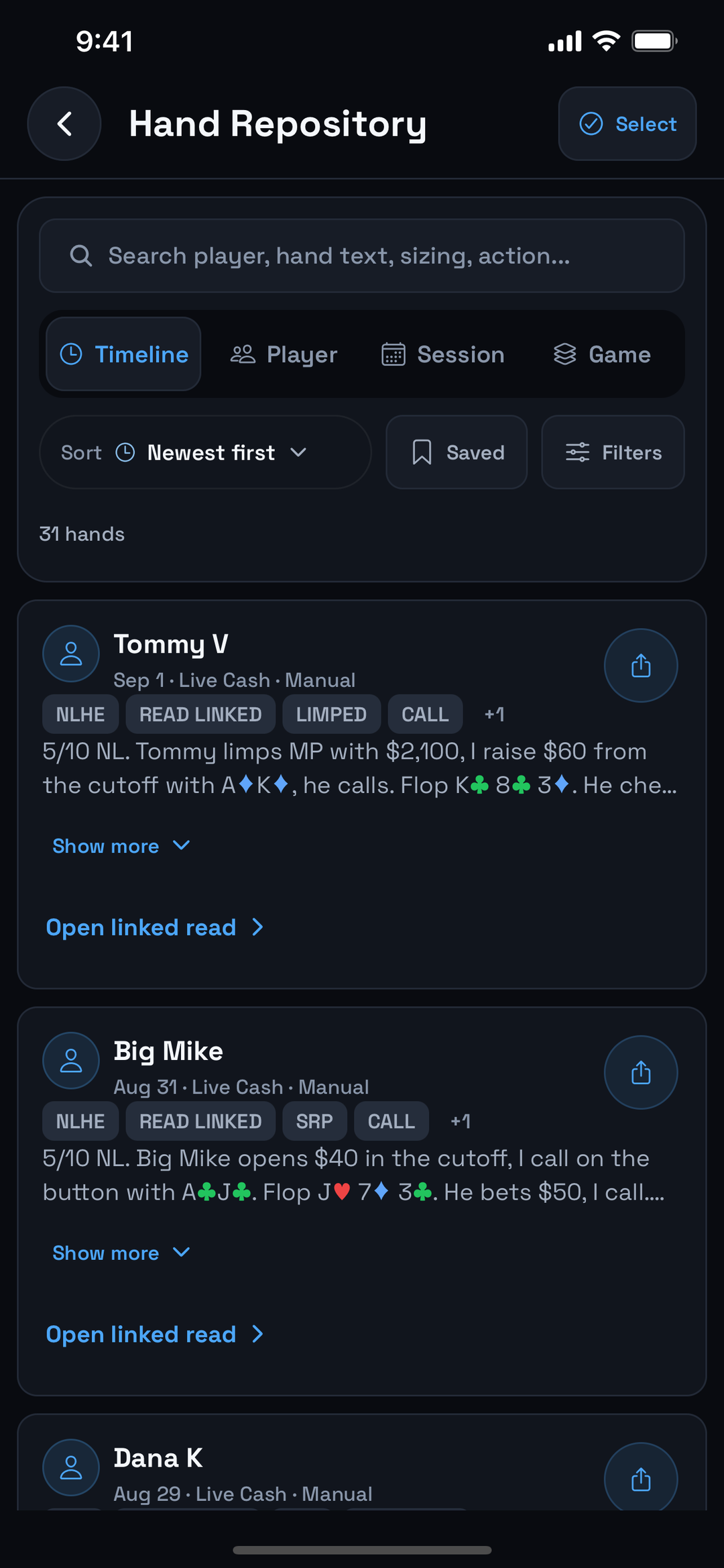 PokerReads Hand Repository on iPhone: 31 saved hands with player, session, and game tabs