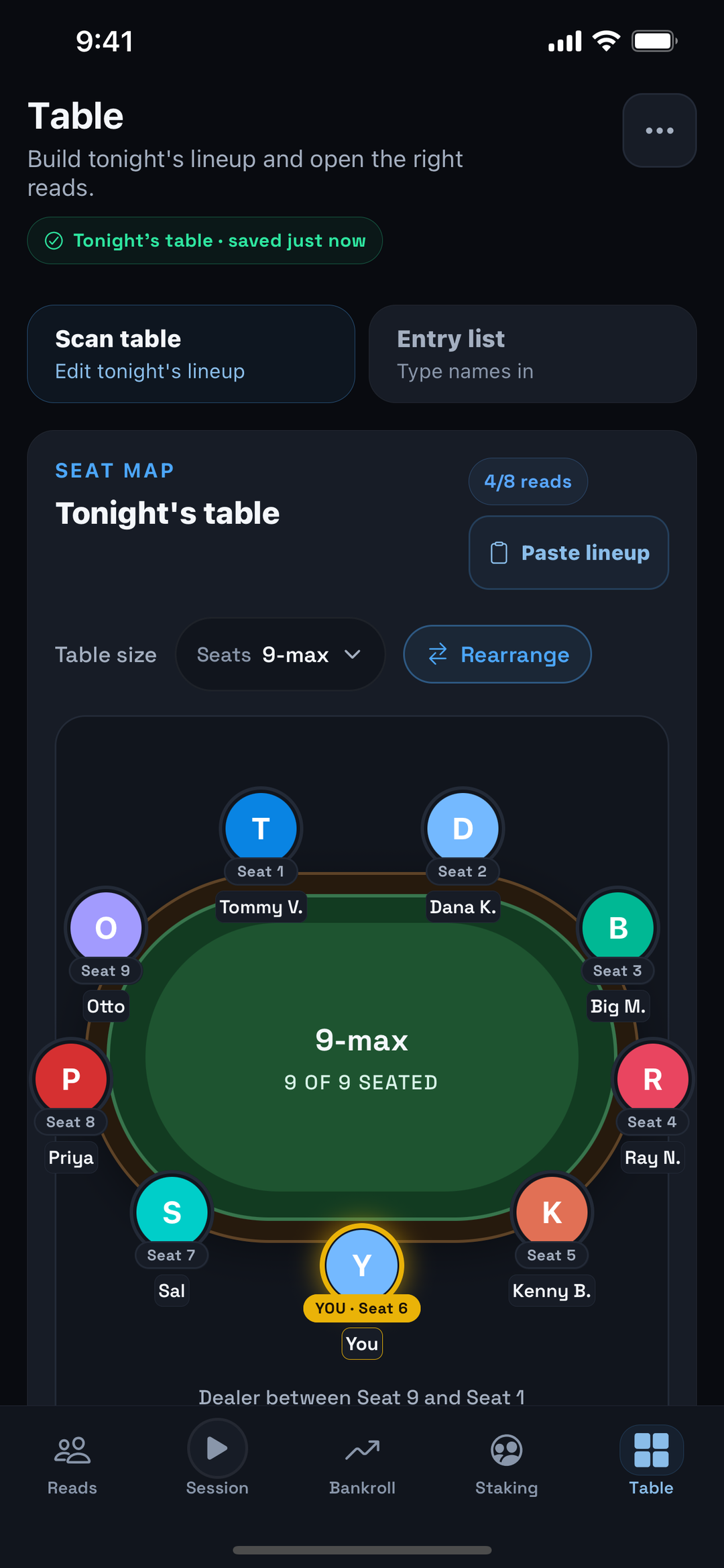 PokerReads Table tab on iPhone: tonight's seat map with known players seated around a 10-max table